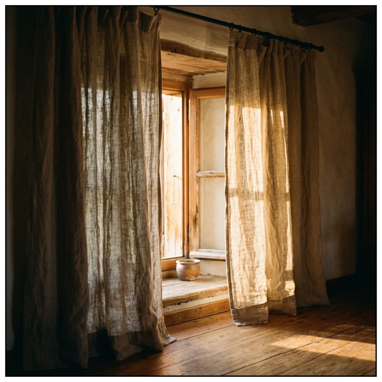 Linen curtains in late afternoon light